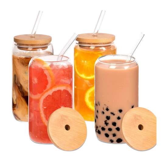 Glass Cups with Bamboo Lids and Glass Straws Set (4)