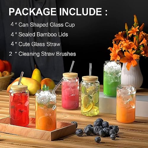 Glass Cups with Bamboo Lids and Glass Straws Set (4)